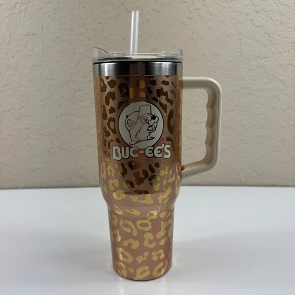 Bucees Yukon Outfitters Buc-ee’s Rose Gold Cheetah 40oz Tumbler Handle Viral EUC - Picture 1 of 8